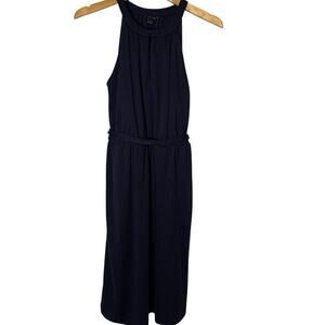 Ann Taylor Dress Womens Small Navy Knit Keyhole Midi Waist Tie Normcore Comfy